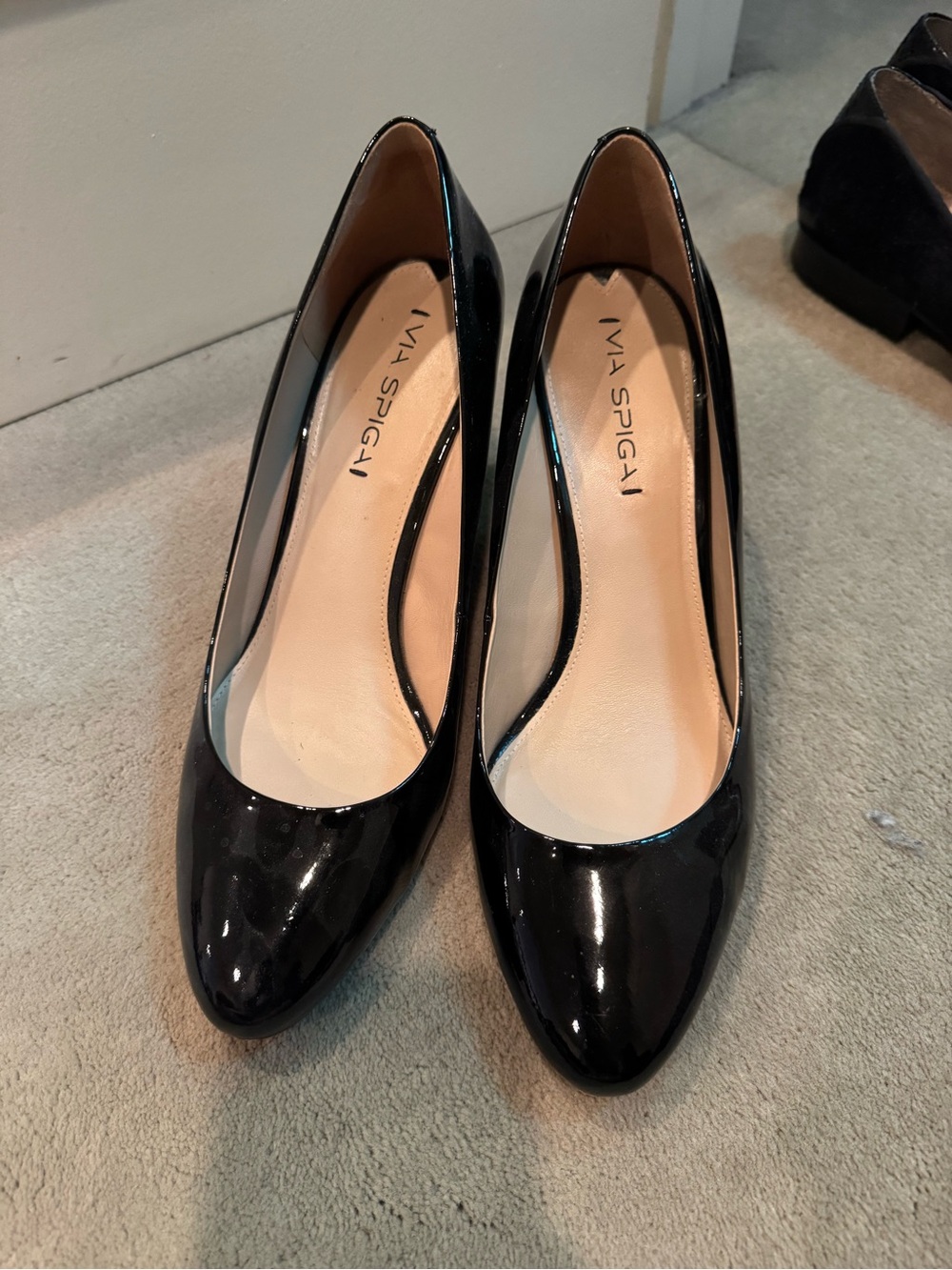Via Spiga Black Patent Pointed Toe Pumps